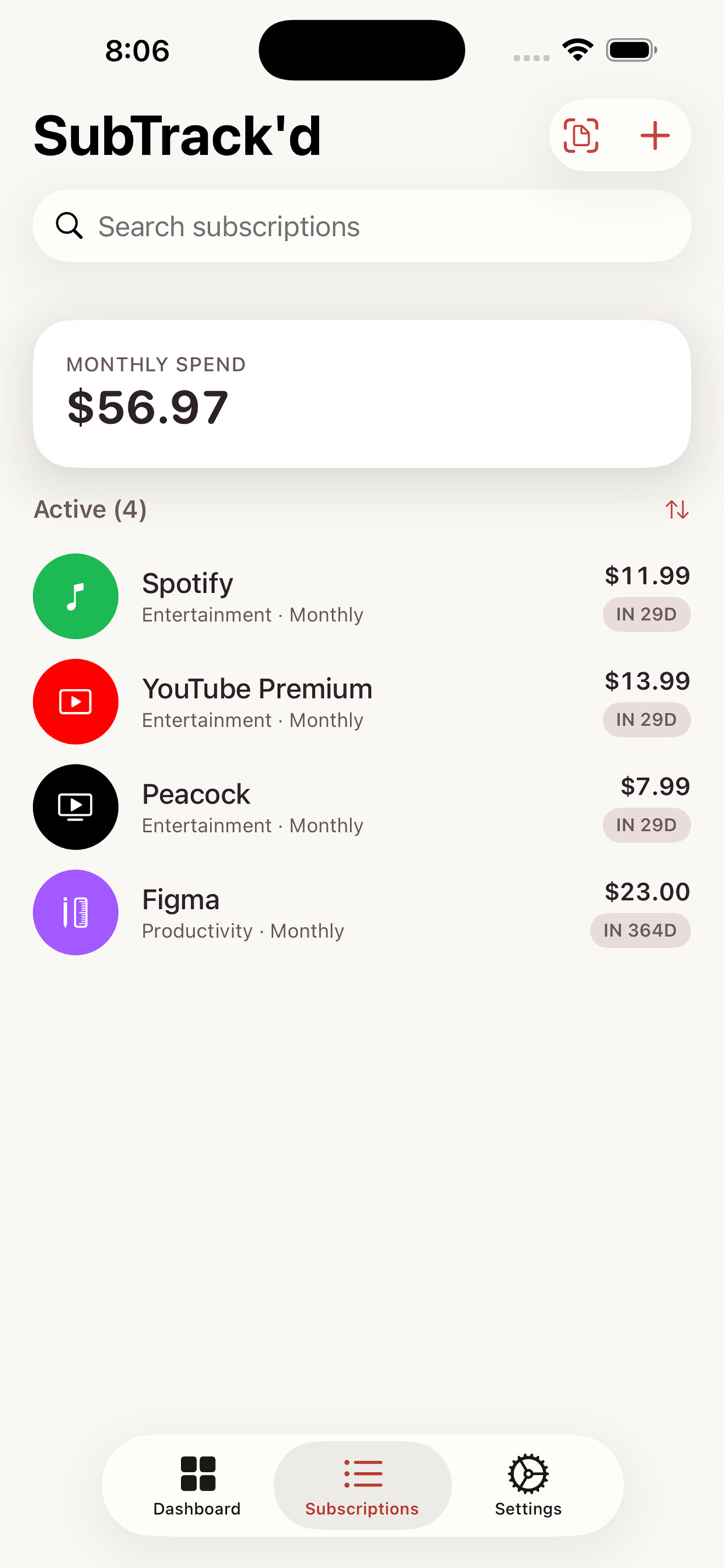 iPhone subscription list showing Spotify, YouTube Premium, Peacock, Figma with monthly spend card